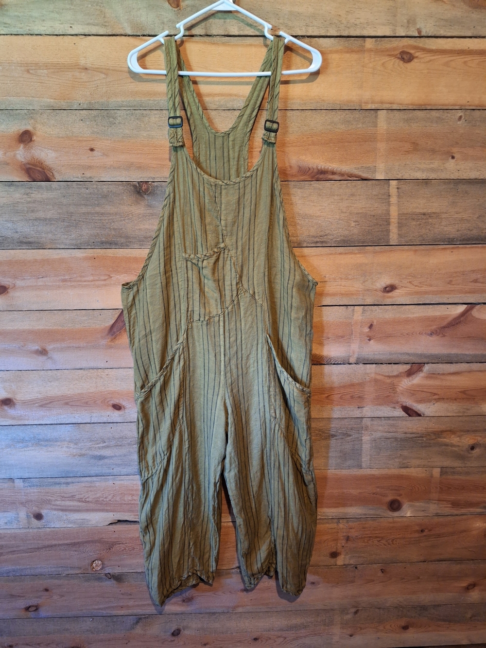 Cynthia Ashby Relaxed Green Striped 100% Linen Overalls Jumpsuit